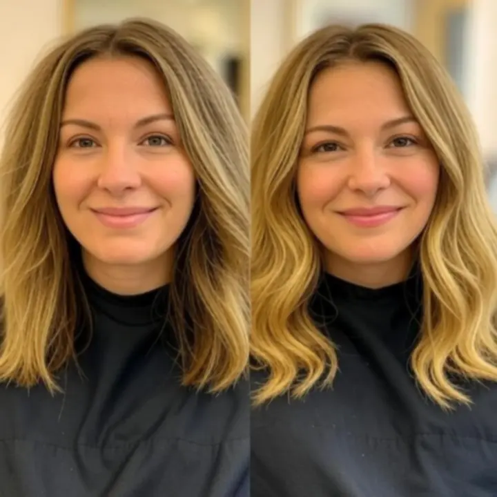 Metamorfoza włosów przed i po wykonana w PieknoStudiio