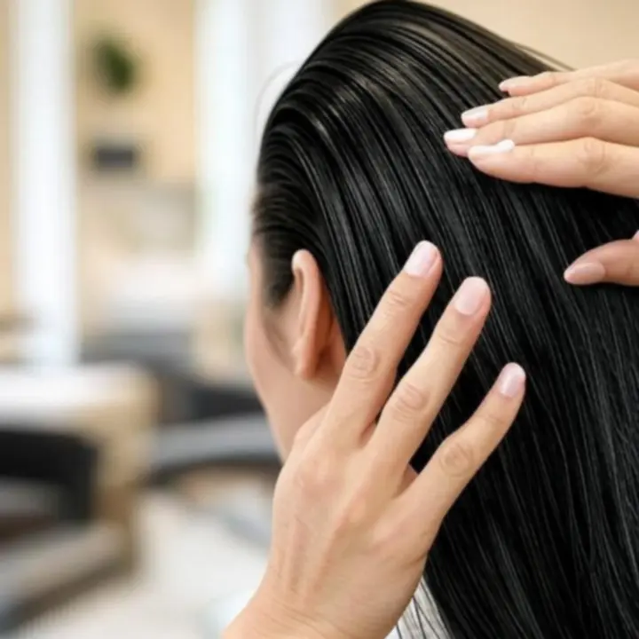 Stylistka wykonująca pielęgnacyjny zabieg na włosach i dłoniach klientki